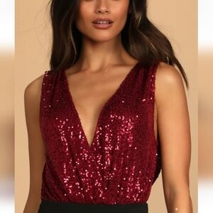 Lulus Evening of Wonder Burgundy Sequin Cow Back Bodysuit
